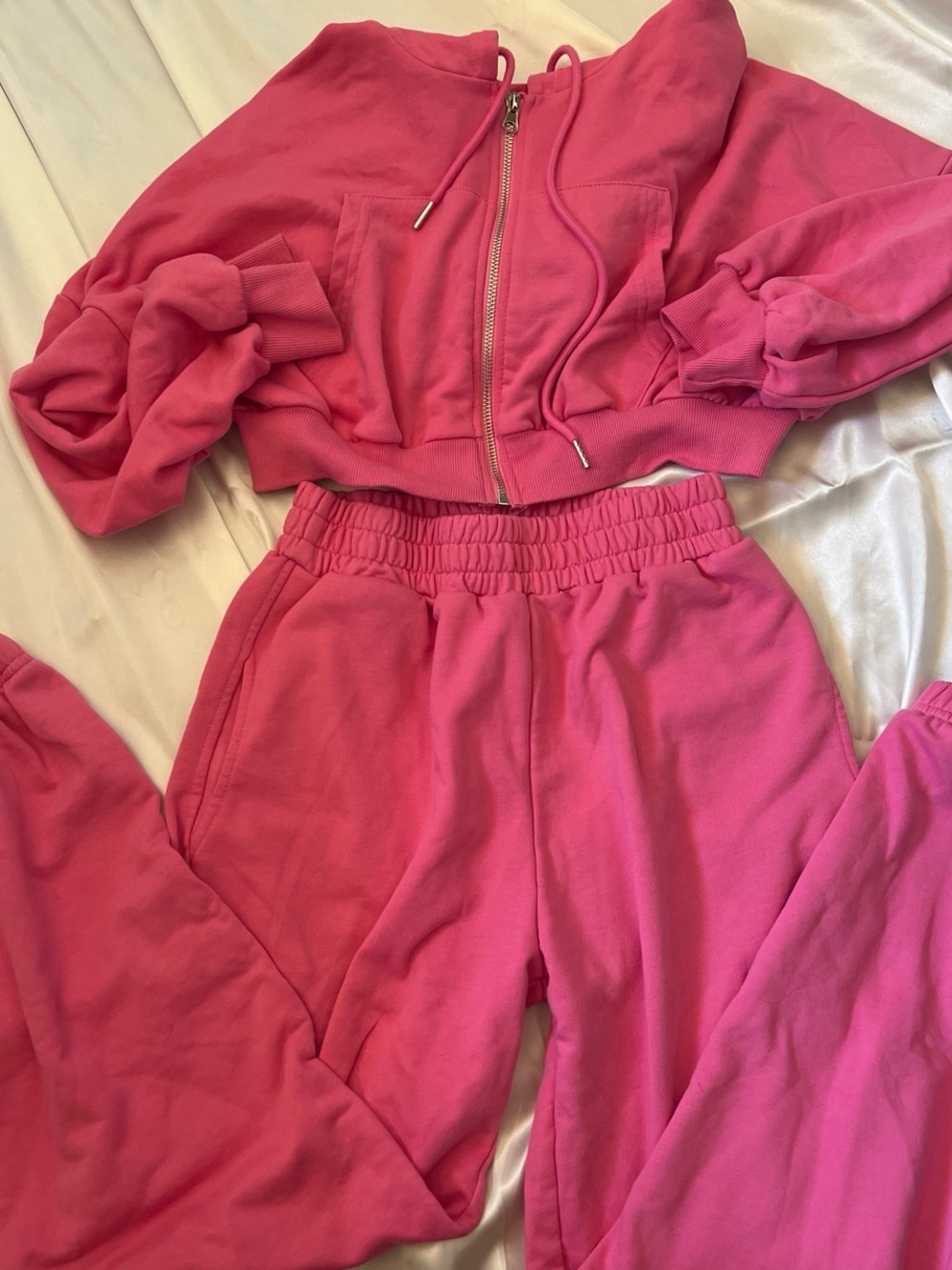 Women's Hot Pink Zipper Cropped Hoodie & High Waisted Jogger Set